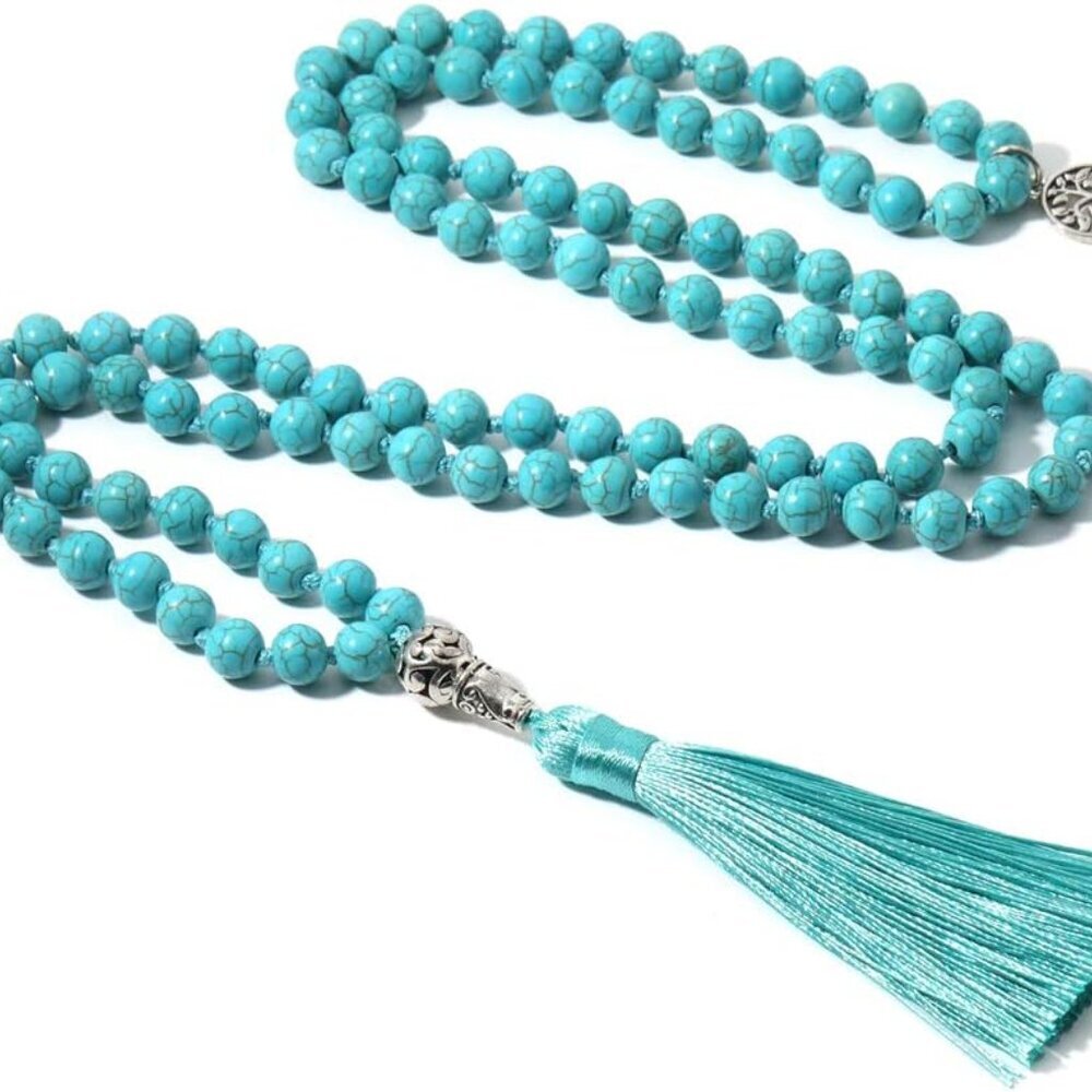 108 Mala Beads Necklace Semi-Precious Gem Stones Meditation Necklace 108 Hand Kn